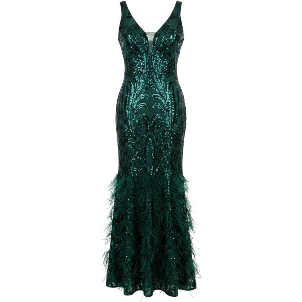 Jovani Emerald Green Sequin Feather Trim Mermaid Evening Gown Dress 6